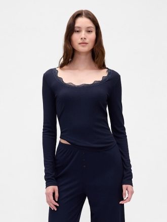 Top pigiama con mini coste e pizzo