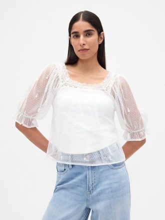 Top ricamato in tulle trasparente