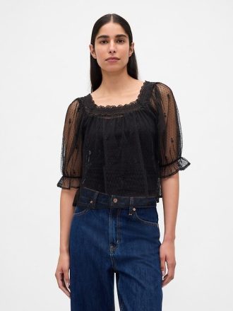 Top ricamato in tulle trasparente