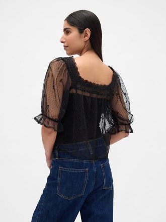 Top ricamato in tulle trasparente