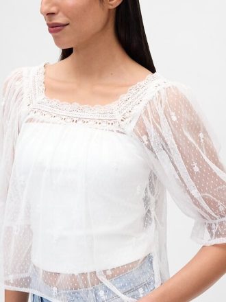 Top ricamato in tulle trasparente